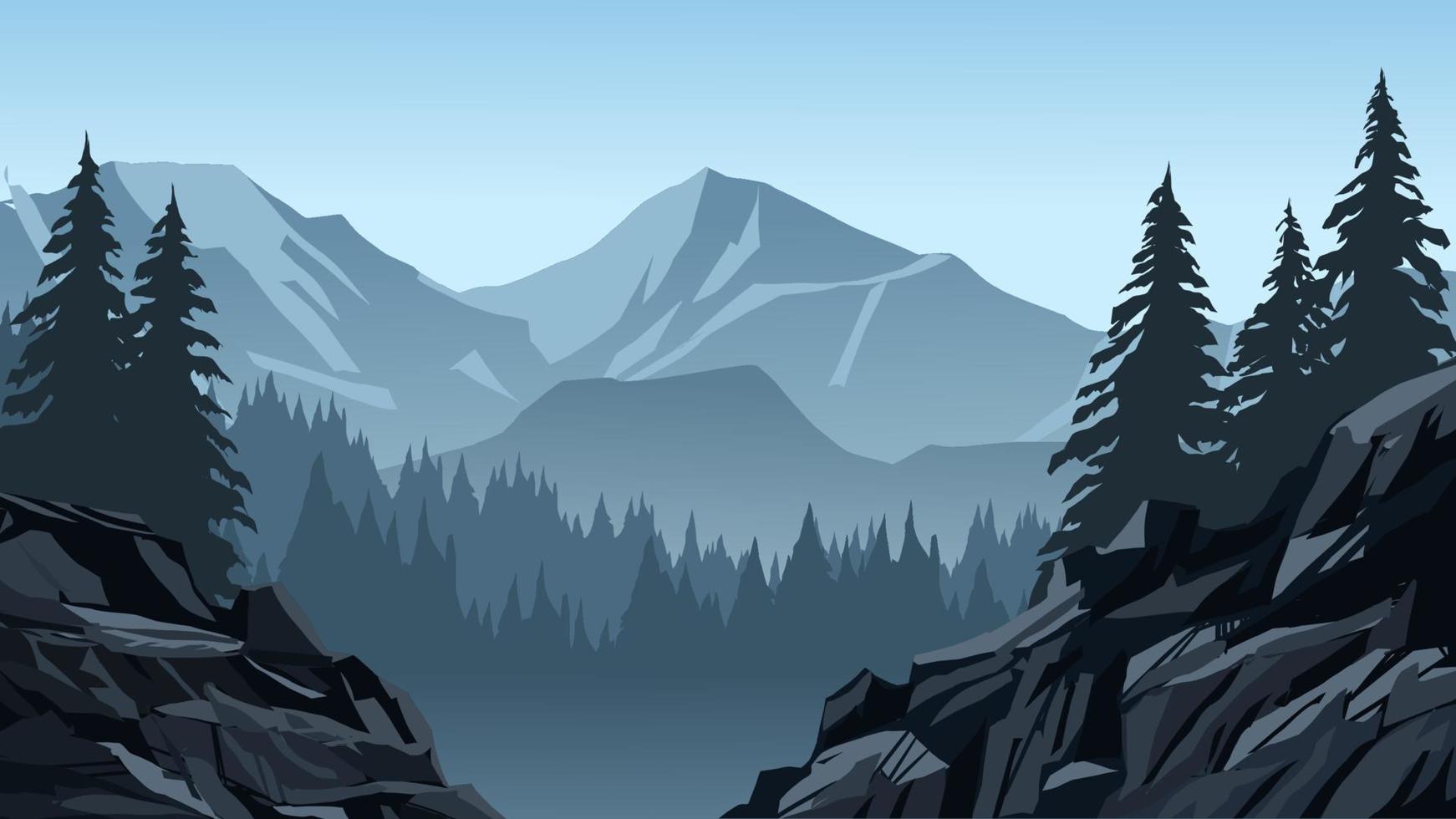 Vector landscape illustration of foggy mountain range with forest and rocks