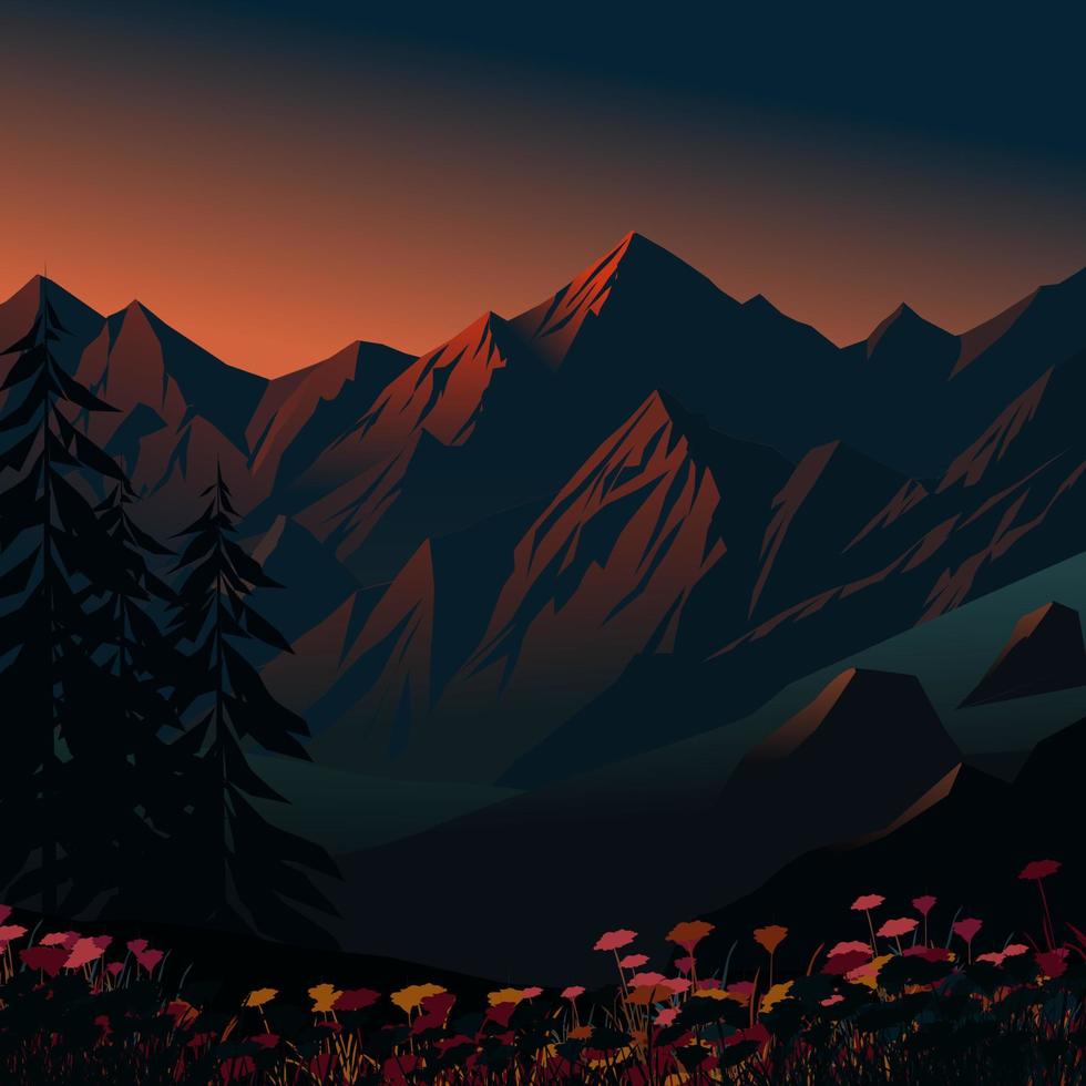 Peaceful mountain sunset landscape with flowers and trees vector