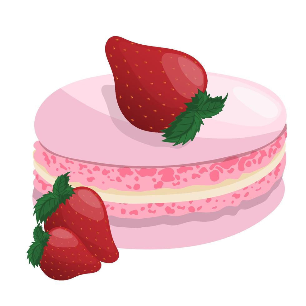 Pink macaroon with strawberries on a white background. Delicious dessert, pastries, cookie, sweet. vector