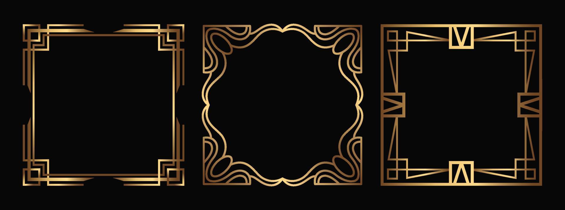 Art Deco vector square Social Media templates. Isolated linear fancy gold frames on black