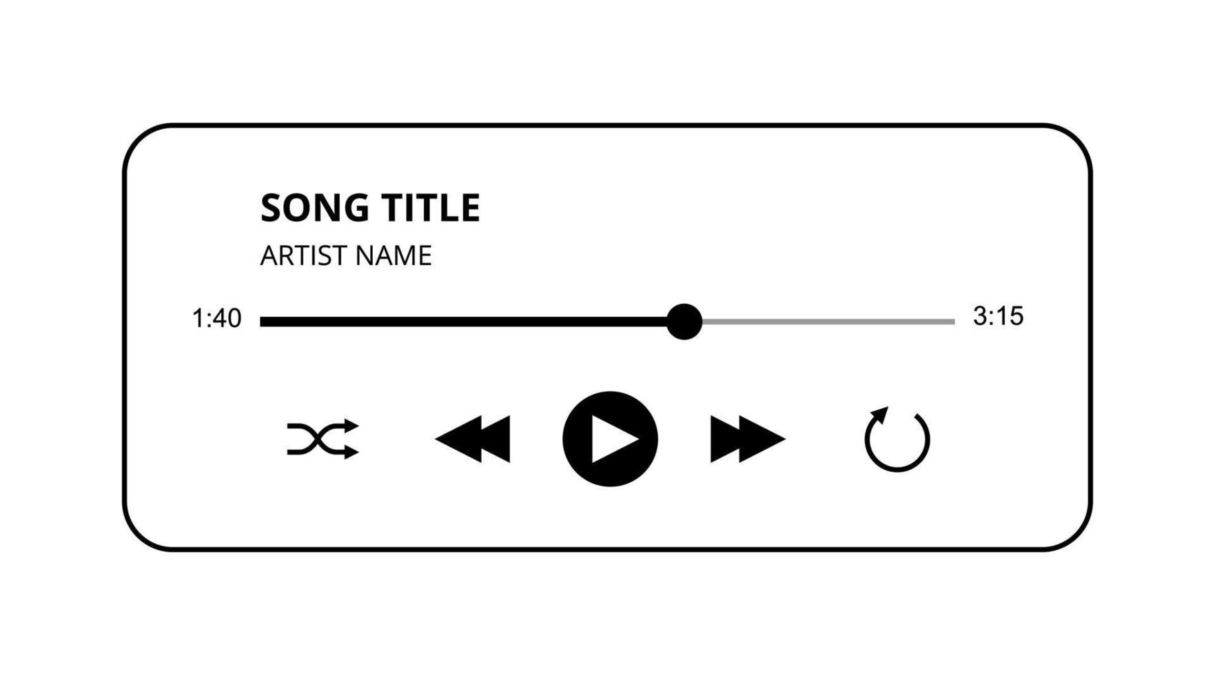 Music Player vector UI design with buttons, track and title vector illustration. Isolated on white audio player interface black and white style