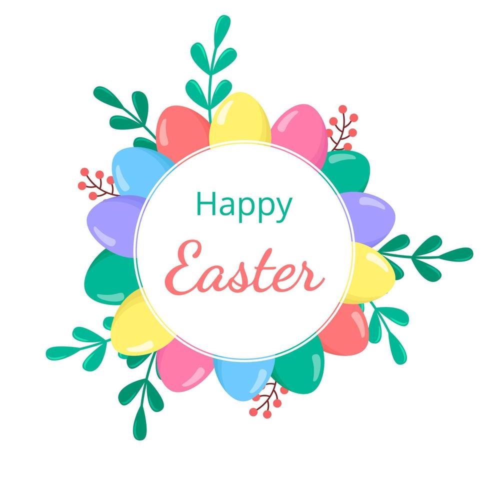 Cartoon Easter Eggs border with Happy Easter text on white. Isolated spring wreath with leaves, berries and Eggs vector