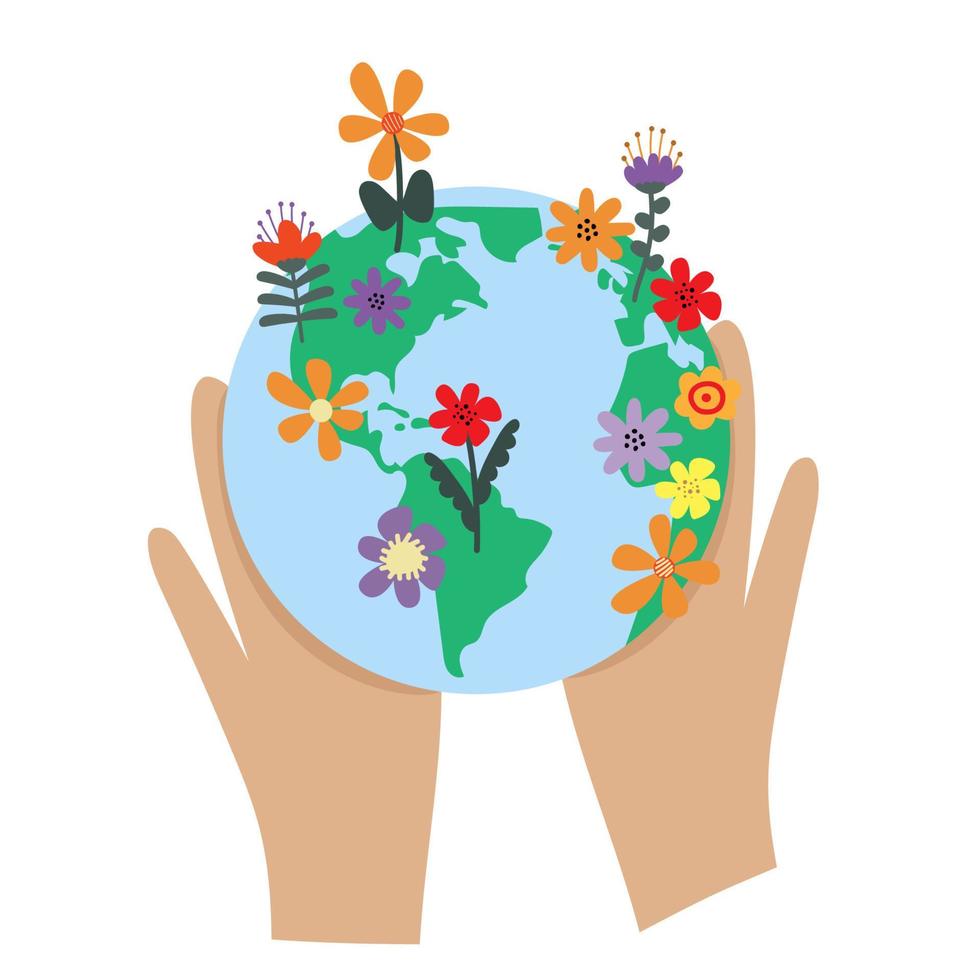 Hands hold blooming green earth. The concept of environmental protection and conservation. Earth Day. Save the planet vector