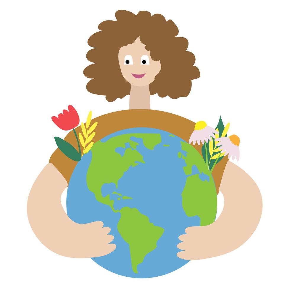 Girl in flowers hugs planet Earth with love and care drawn in children's style. The concept of keeping the Earth healthy. Earth day and saving planet. Save our planet. vector