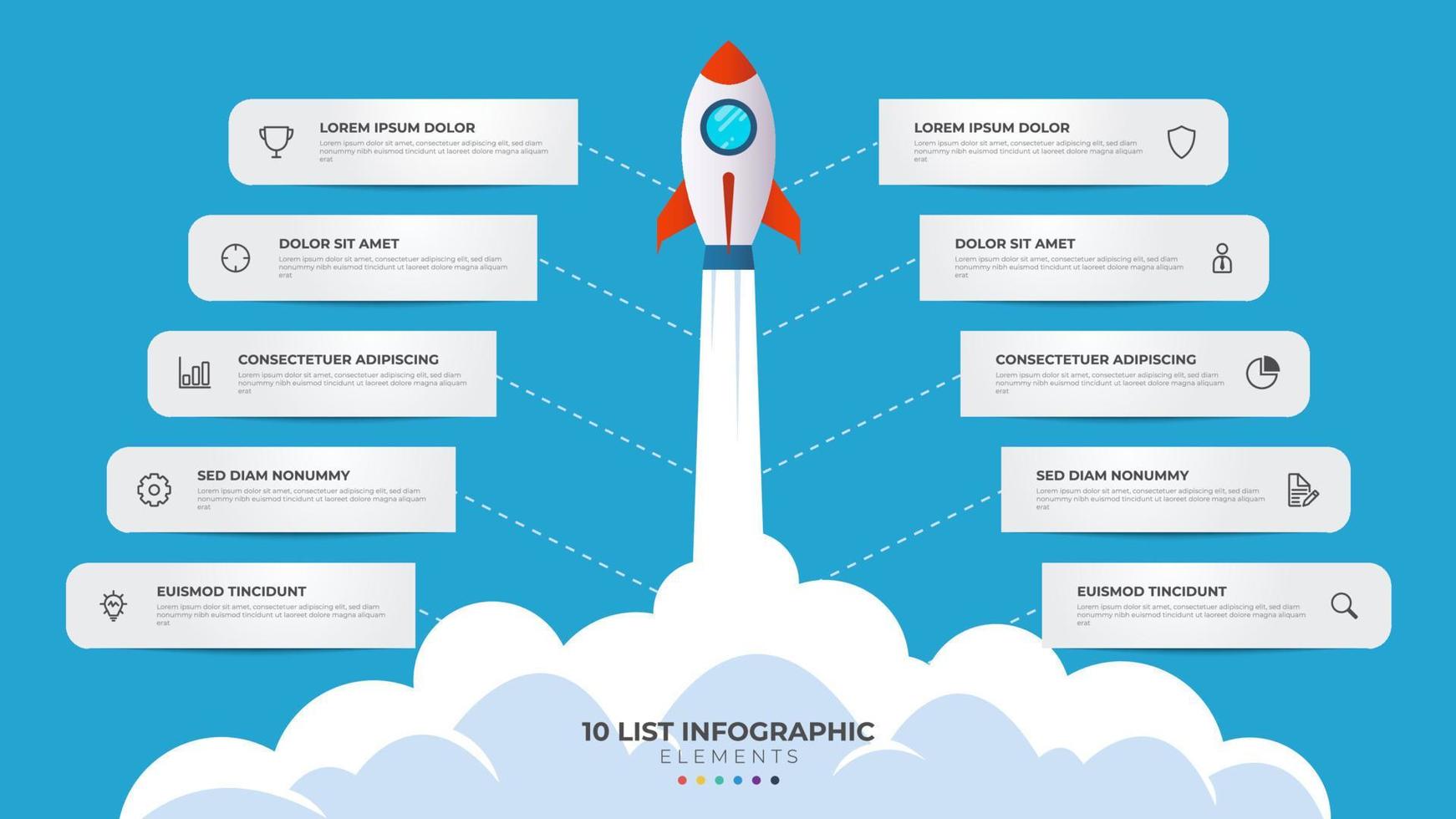 10 list of steps, layout diagram with stair level sequence, infographic element template with rocket startup launch illustration vector