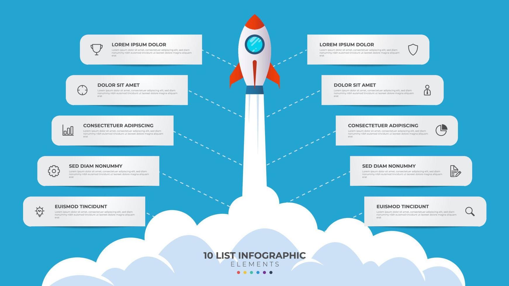 10 lista de pasos, diseño diagrama con escalera nivel secuencia, infografía elemento modelo con cohete puesta en marcha lanzamiento ilustración vector