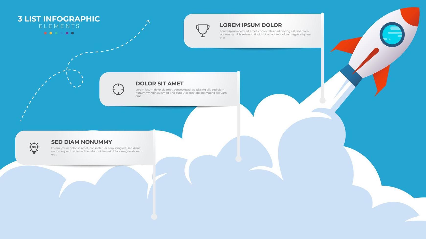 3 lista de pasos, diseño diagrama con escalera nivel secuencia, infografía elemento modelo con cohete puesta en marcha lanzamiento ilustración vector