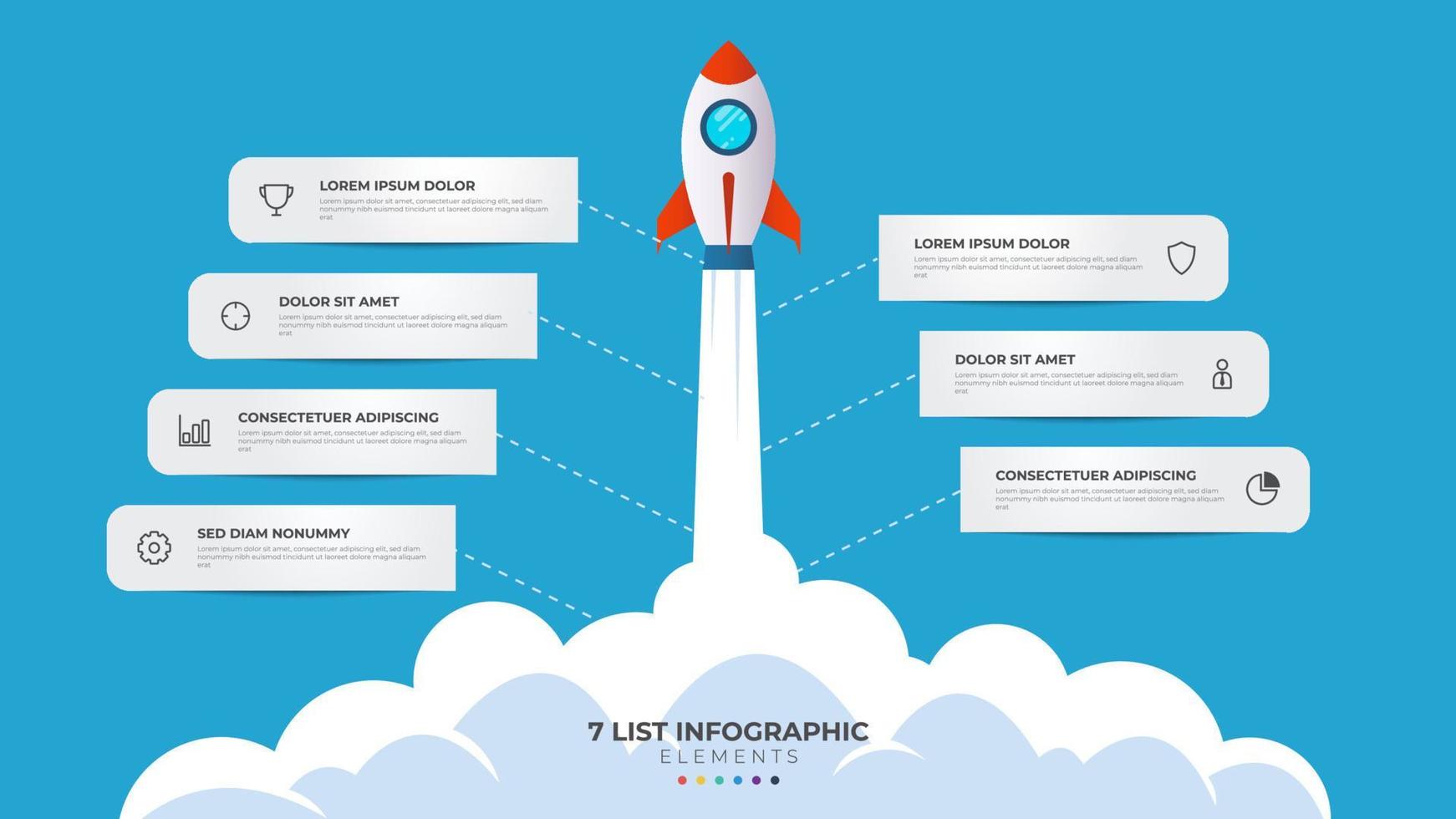 7 list of steps, layout diagram with stair level sequence, infographic element template with rocket startup launch illustration vector