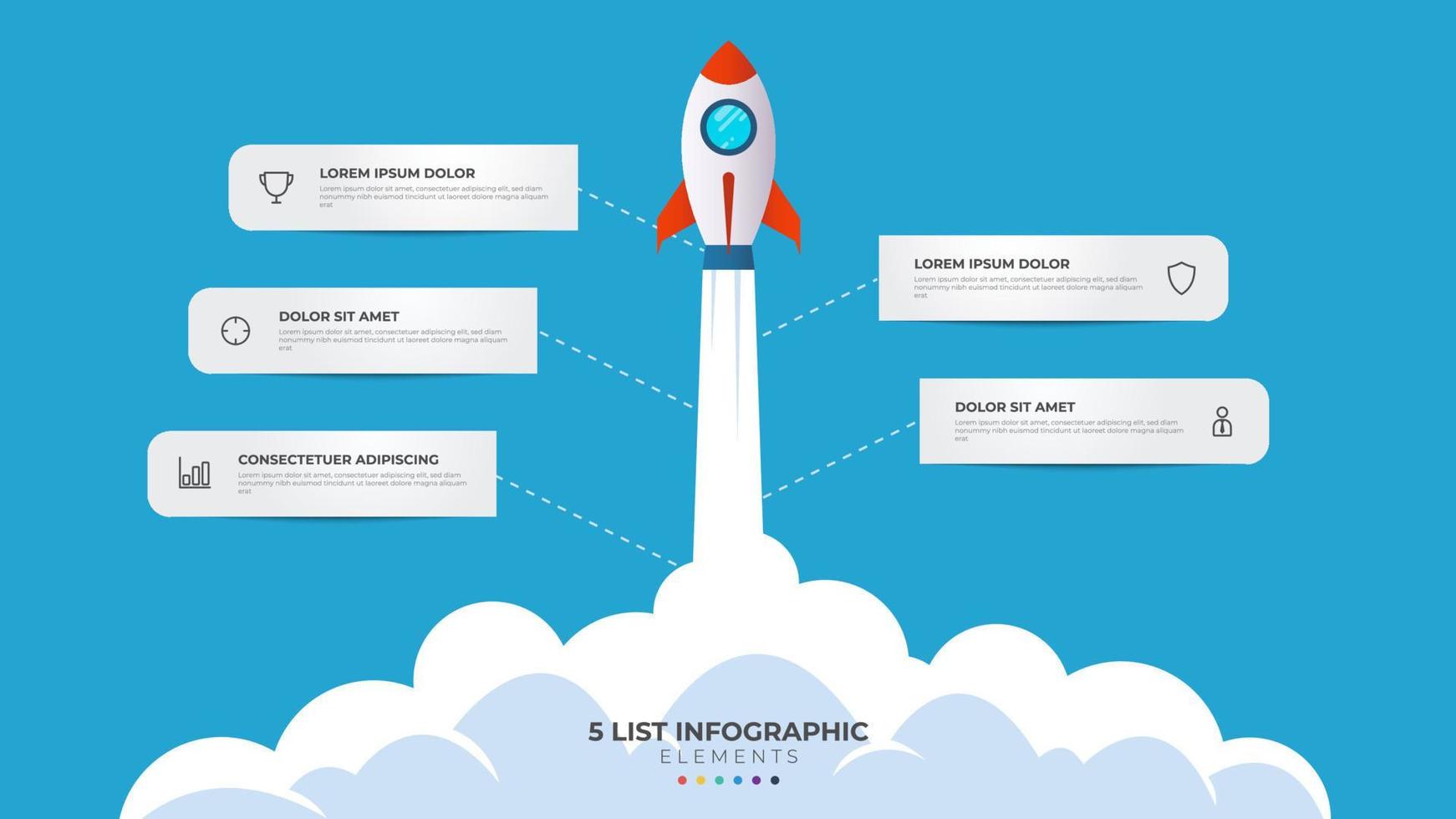 5 5 lista de pasos, diseño diagrama con escalera nivel secuencia, infografía elemento modelo con cohete puesta en marcha lanzamiento ilustración vector