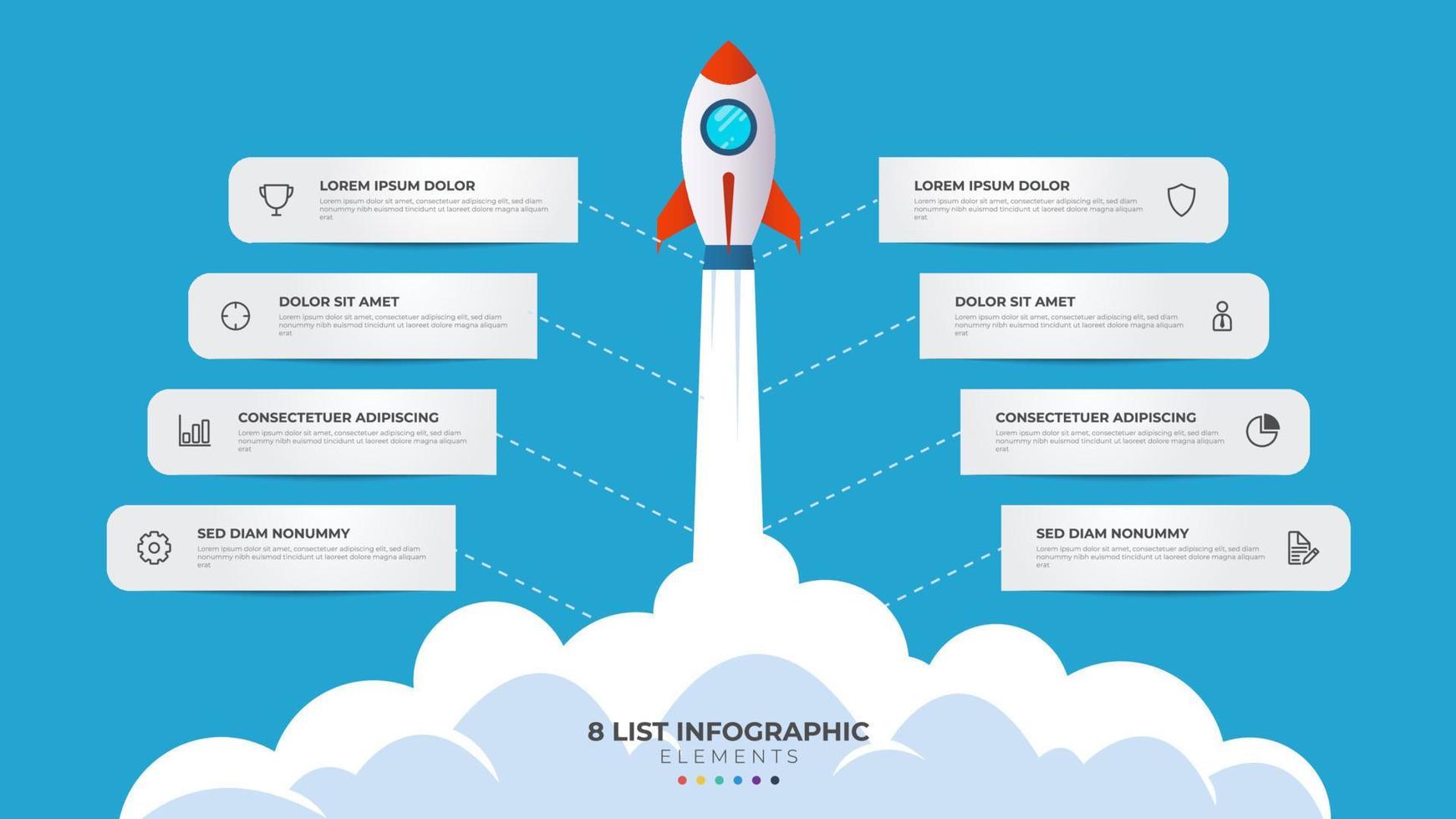 8 list of steps, layout diagram with stair level sequence, infographic element template with rocket startup launch illustration vector