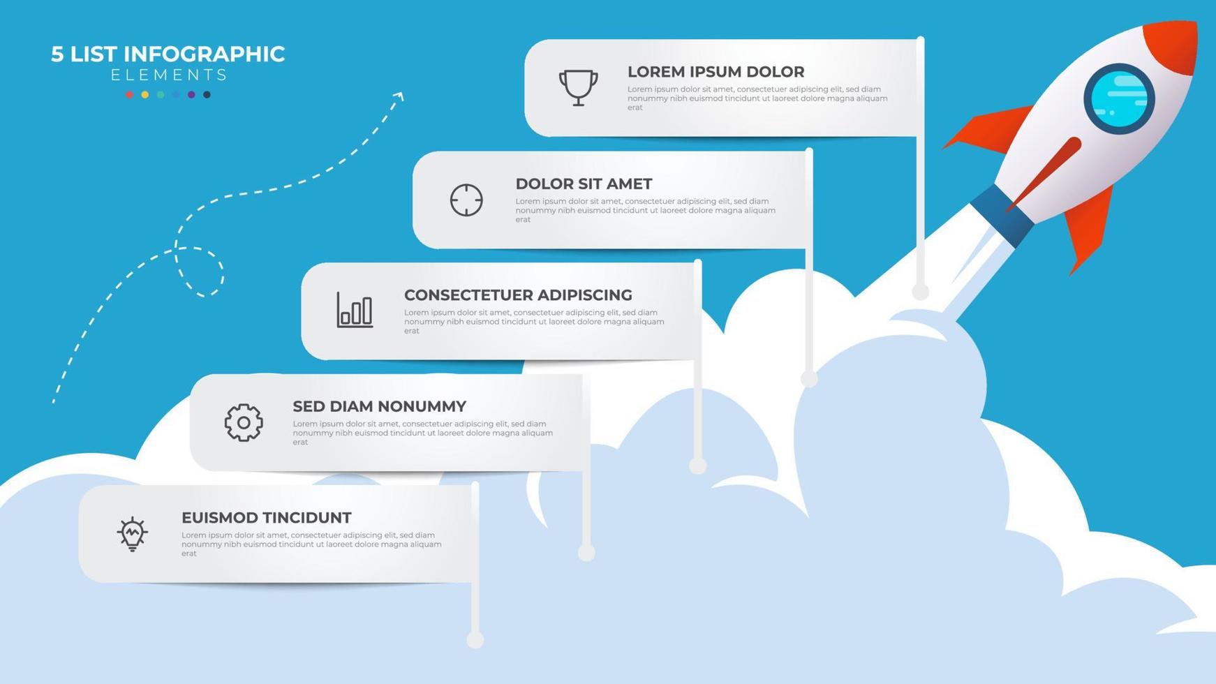 5 list of steps, layout diagram with stair level sequence, infographic element template with rocket startup launch illustration vector