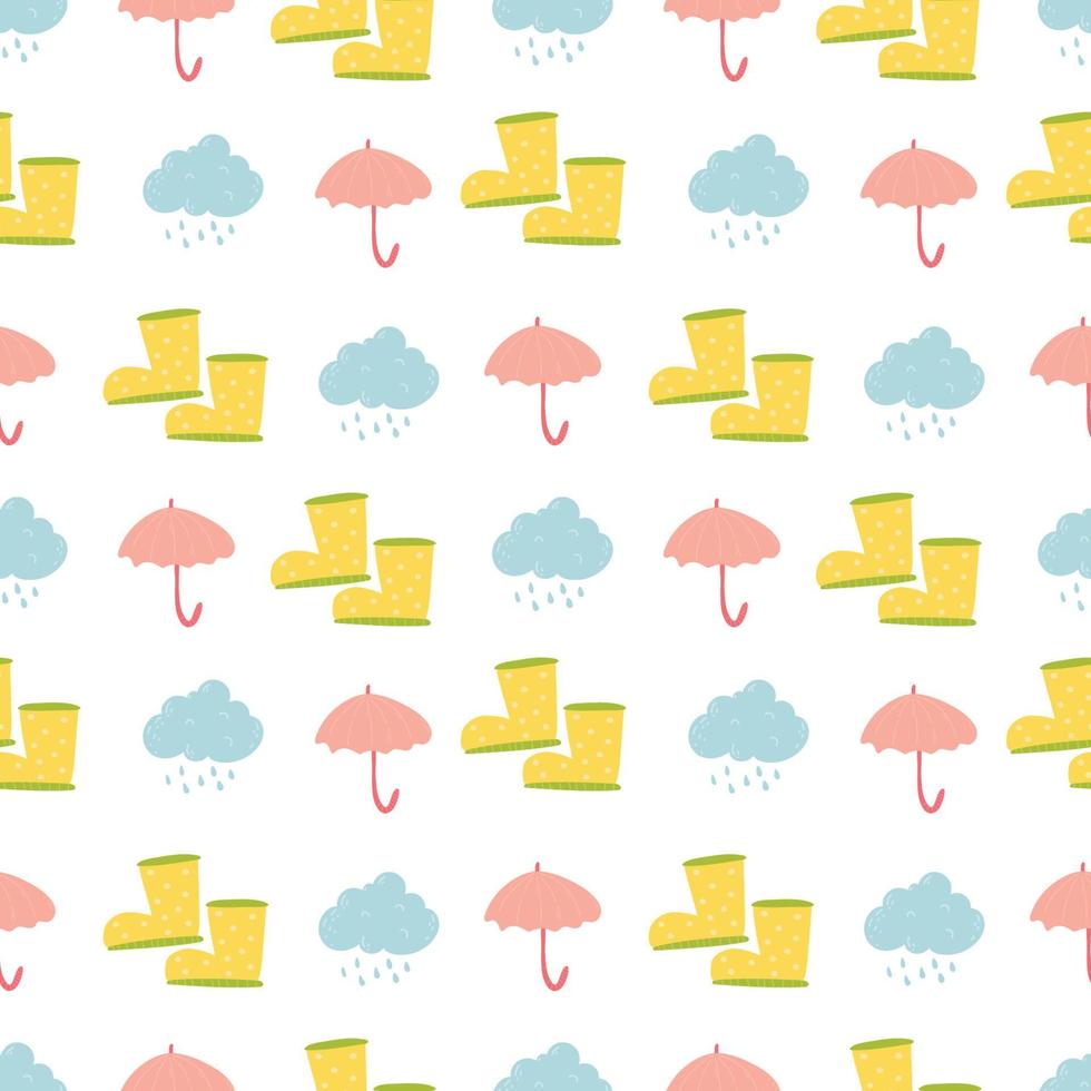 cute cartoon seamless vector pattern with yellow rubber boots, umbrella and raining background. Endless backdrop with rainly weather, textile fabric or wrapping paper. Decorative doodle wallpaper.