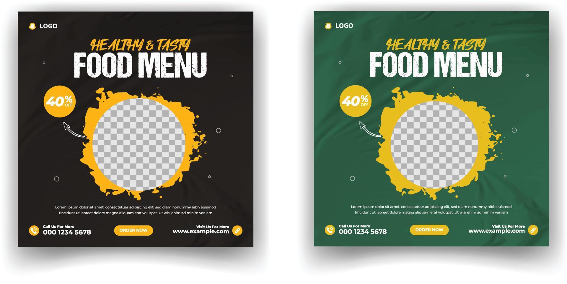 Healthy food and restaurant menu social media post and square web banner template vector