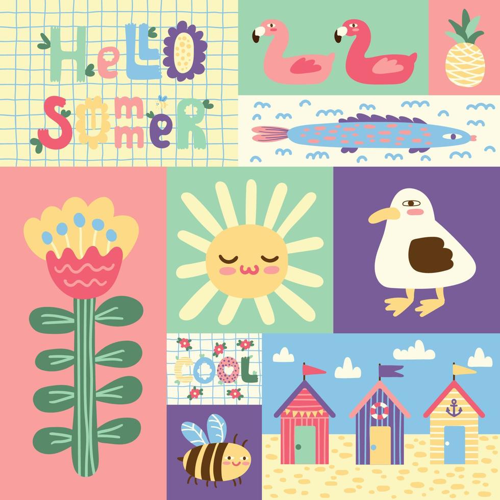 Hello summer vector illustration. Modern style graphic with seagull, sun, fish, bee, flower, Beach Huts. For a social media post, poster, cover, postcard, flyer, banner