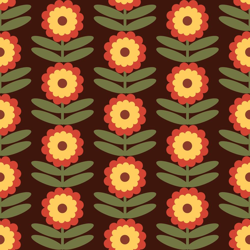 Retro Floral Pattern. 70s Funky Design with Geometric Flowers. Groovy Mid Century scandi Seamless vector texture for fabric design, textile print, wrapping, cover