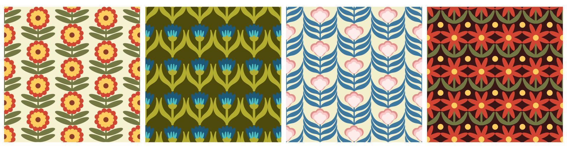 Set of Retro Floral Pattern. 70s Funky Design collection with Geometric Flowers. Groovy Mid Century scandi Seamless vector texture for fabric design, textile print, wrapping, cover