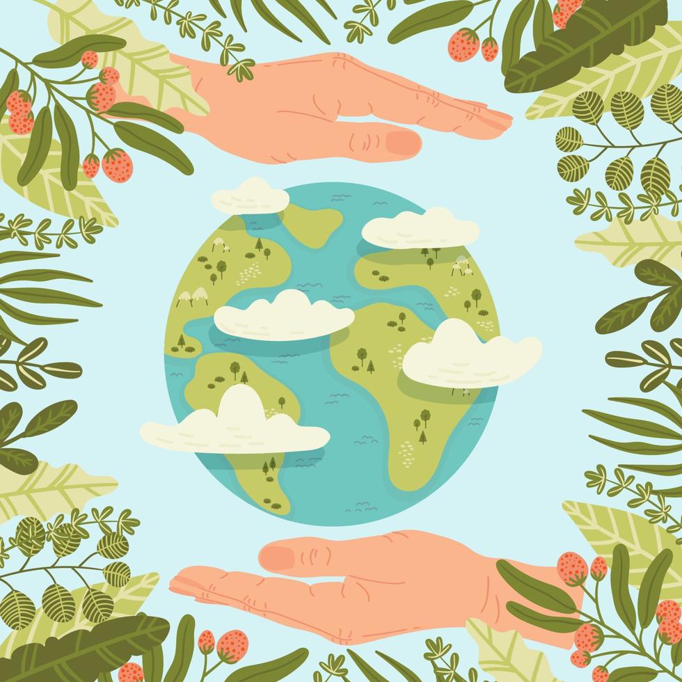 Happy Earth Day Save Nature. Vector eco illustration for social media, poster, banner, card, flyer on the theme of saving planet, human hands protect earth