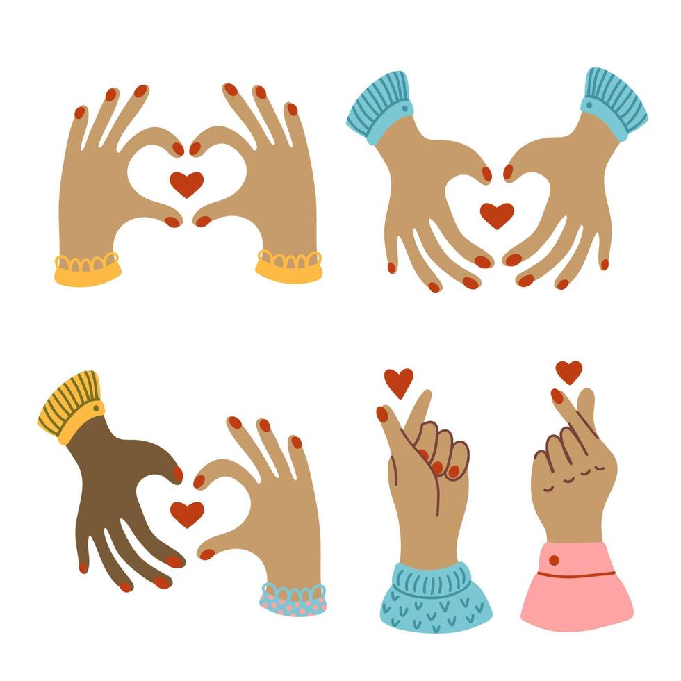 Collection with I love you heart sign. Korean finger heart from hands, fingers. Set of Valentine day and expressions, romantic relationship, message of love hand gesture, shape heart with both hands vector