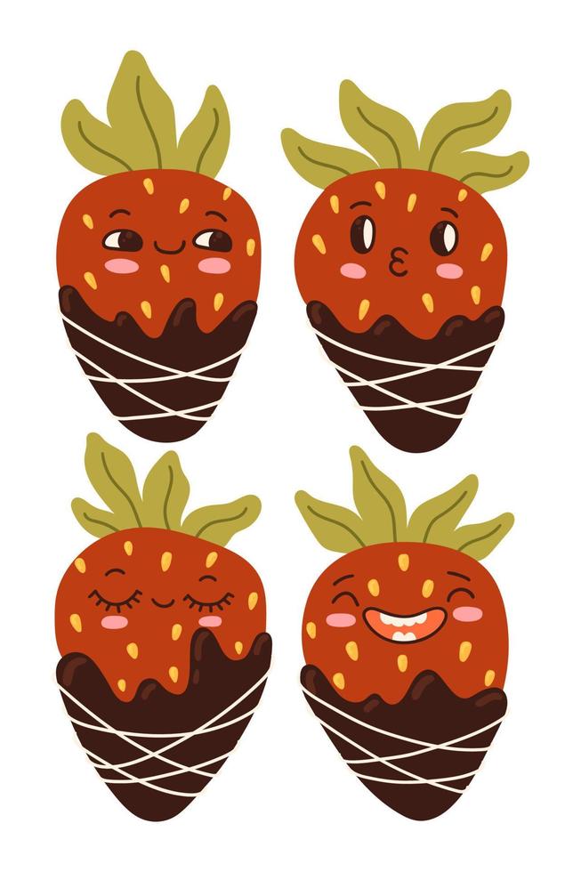 Cute cartoon strawberry fruit mascot, emoji expressions set collection. Funny face food character emoticon vector illustration.