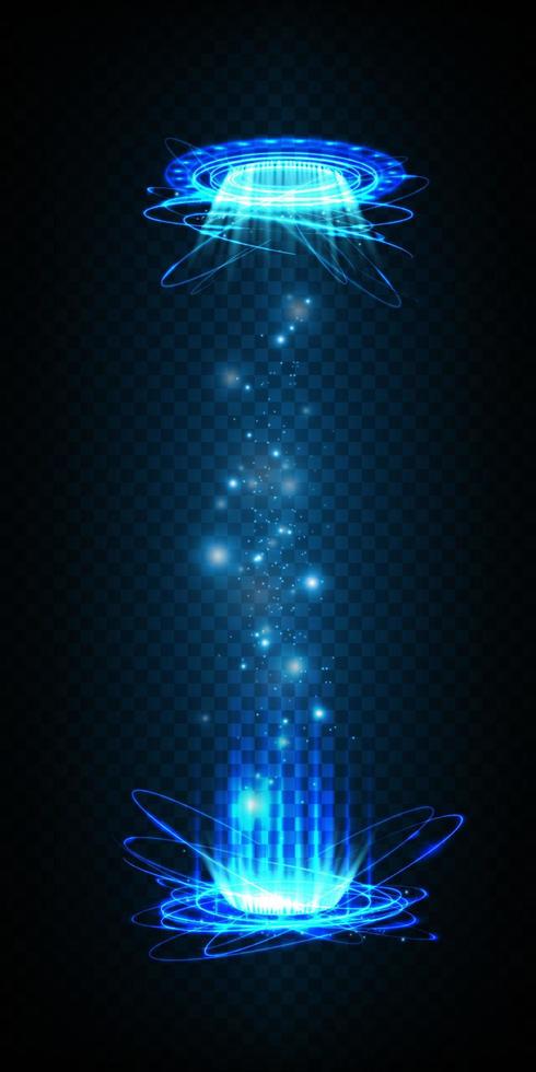 Blue Magic fantasy portal. Futuristic teleport. Light effect. Blue candles rays of a night scene with sparks on a transparent background. Empty light effect of the podium. Disco club dancefloor. vector
