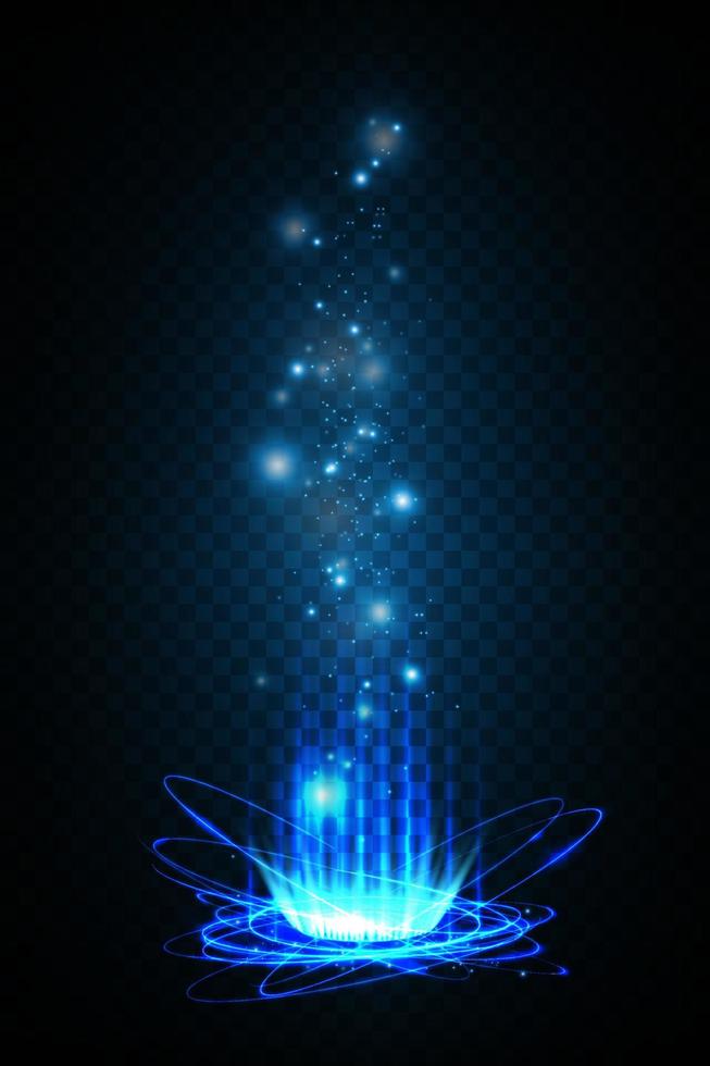 Blue Magic fantasy portal. Futuristic teleport. Light effect. Blue candles rays of a night scene with sparks on a transparent background. Empty light effect of the podium. Disco club dancefloor. vector