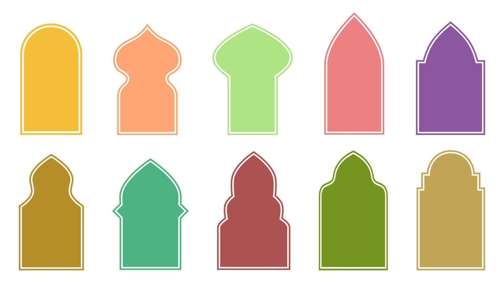 set of different colored islamic style window and arches on a white background for ramadan kareem, vector illustration