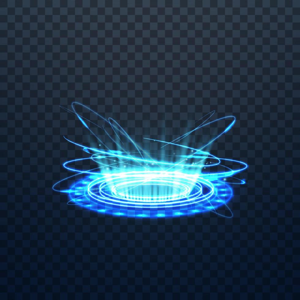 Blue Magic fantasy portal. Futuristic teleport. Light effect. Blue candles rays of a night scene with sparks on a transparent background. Empty light effect of the podium. Disco club dancefloor. vector