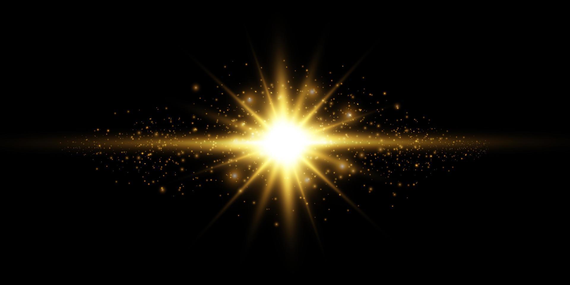 Golden star on a black background. The effect of glow and rays of light, glowing lights, sun.vector. vector