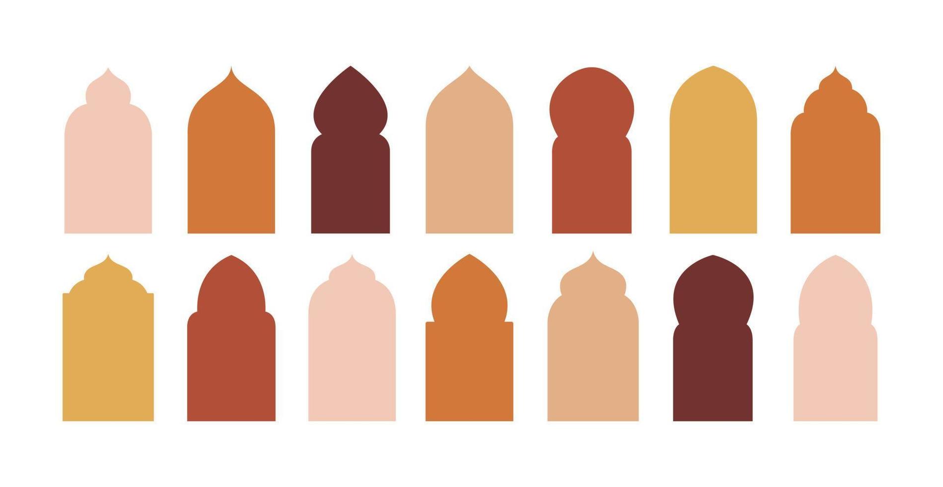 Collection of oriental style windows and arches. Modern boho colors, minimalistic design vector