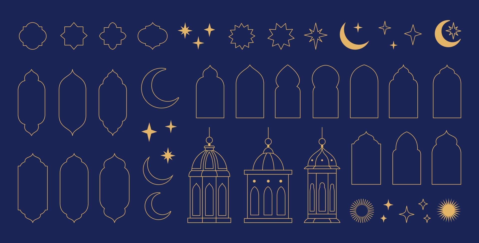 Collection of elements in the oriental style of Ramadan Kareem and Eid Mubarak, Islamic windows,  arches, stars and moon, mosque doors, mosque domes and lanterns. vector