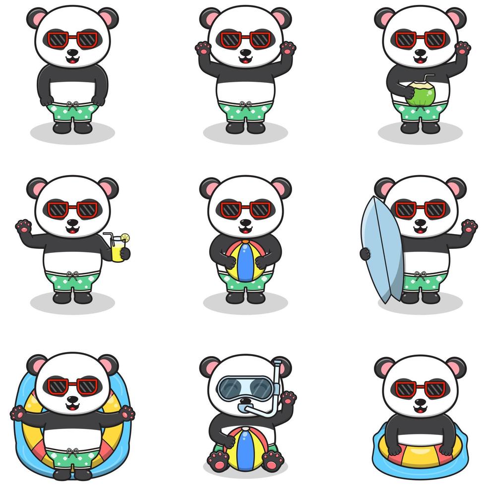 Summer cute Panda vector illustration. Flat Panda Summer Cartoon. Graphic cartoon character for banner, sticker advertising travel in summer theme illustration. Summer holiday concept design.
