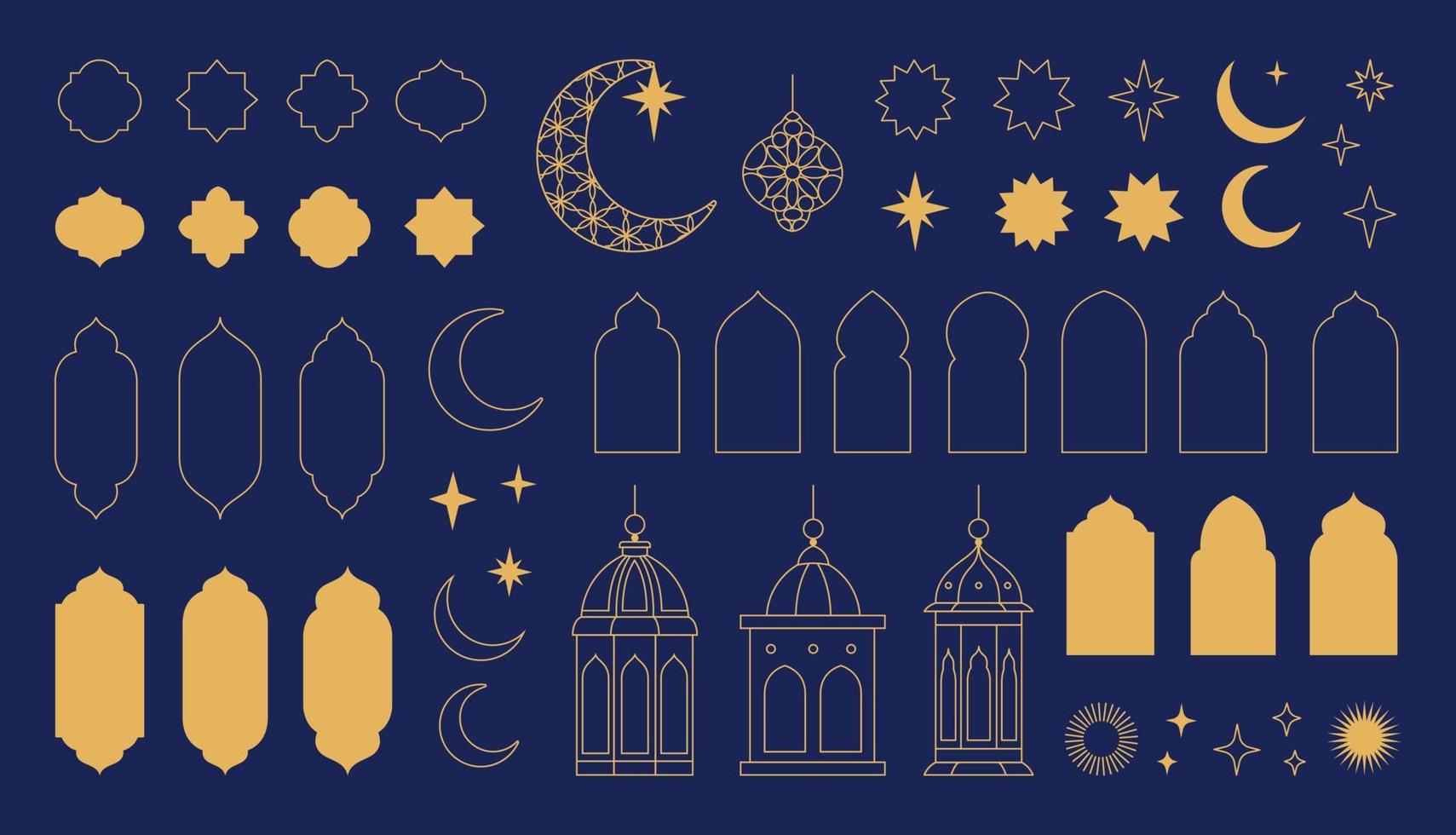 colección de elementos en el oriental estilo de Ramadán kareem y eid mubarak, islámico ventanas, arcos, estrellas y luna, mezquita puertas, mezquita domos y linternas vector