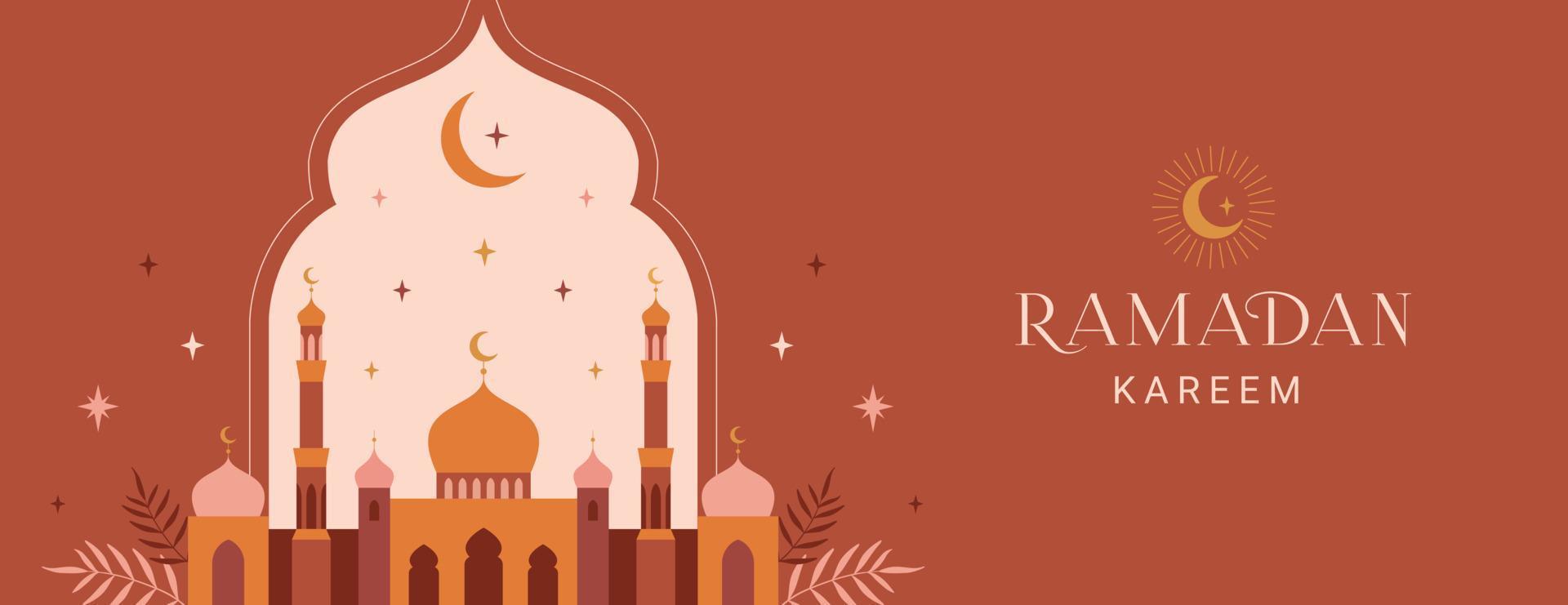 Ramadan Kareem banner, card, poster design. Modern geometric minimalist design with mosque, crescent, stars in the sky, arches windows. Vector illustration.