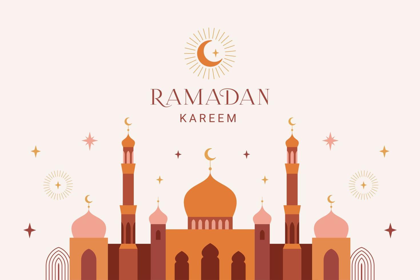 Ramadan Kareem banner, card, poster design. Modern geometric minimalist design with mosque, crescent, stars in the sky, arches windows. Vector illustration.