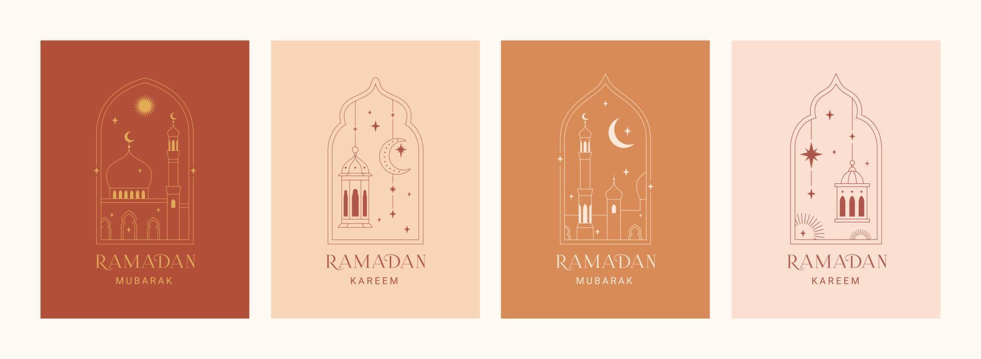 Ramadan Kareem card. Set of islamic greeting cards, banner template, posters, holiday cover set. Modern beautiful design in trendy minimal style. Islamic arches and windows, moon, mosque, lanterns. vector