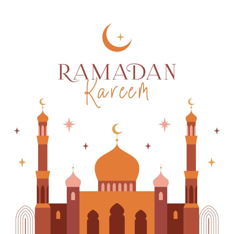 Ramadan Kareem banner, card, poster design. Modern geometric minimalist design with mosque, crescent, stars in the sky, arches windows. Vector illustration.