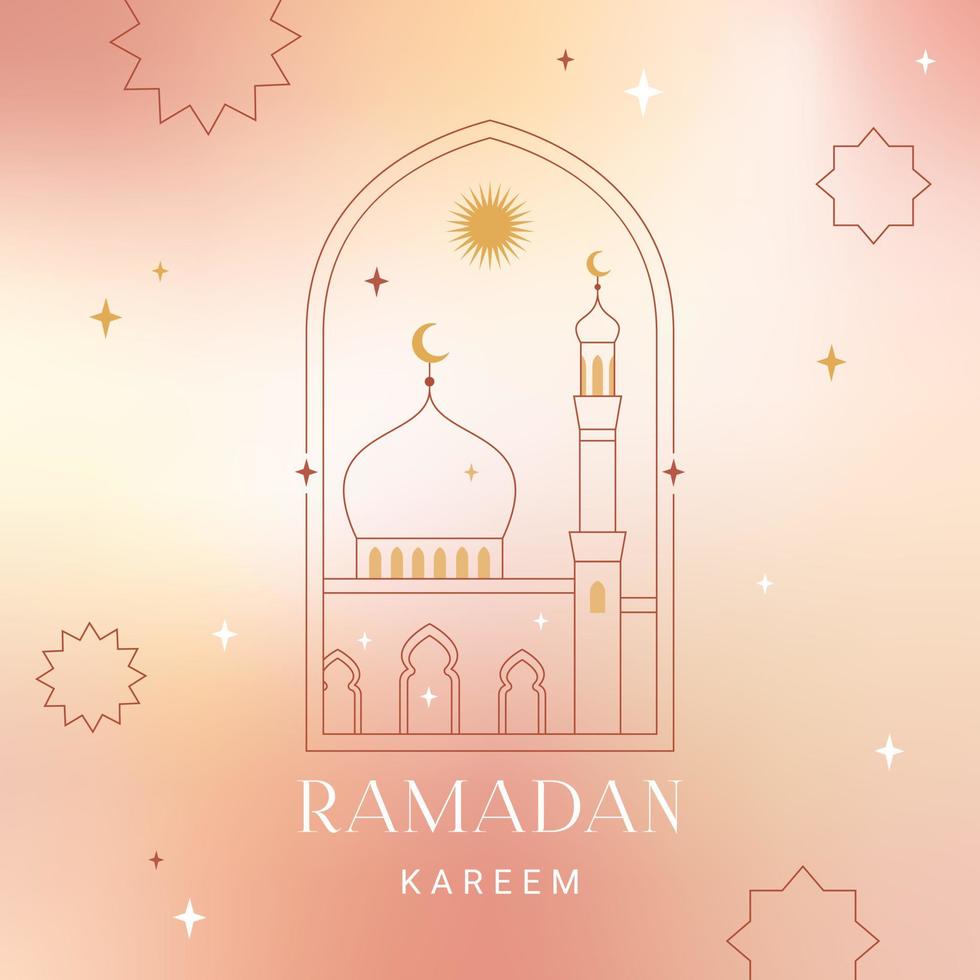 Ramadan Kareem card, poster, holiday cover. Islamic greeting card, banner template. Modern beautiful design in geometric minimal style. Trendy gradient, linear frames with stars, arches. vector