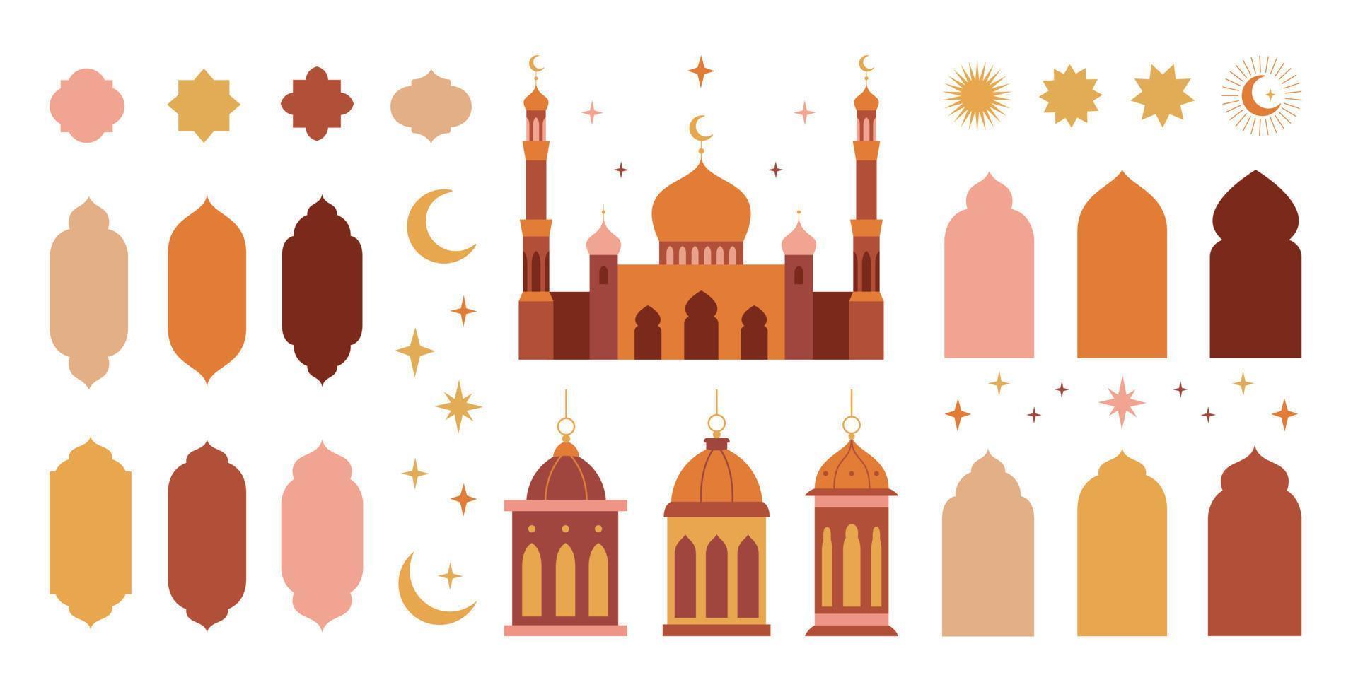 Collection of elements, symbols and icons in the oriental style of Ramadan Kareem and Eid Mubarak. Islamic windows and  arches, mosque, stars and crescent, mosque domes and lanterns. vector