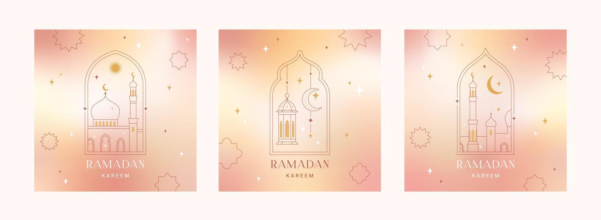 Ramadan Kareem card, poster, holiday covers. Collection of Islamic greeting cards, banner template. Modern beautiful design in geometric minimalist style. Trendy gradient, frames, stars, arches. vector