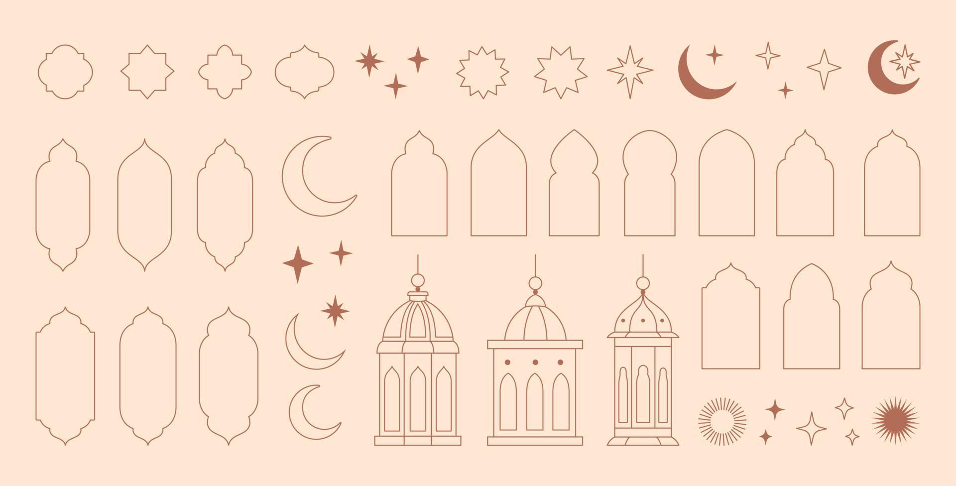 colección de elementos en el oriental estilo de Ramadán kareem y eid mubarak, islámico ventanas, arcos, estrellas y luna, mezquita puertas, mezquita domos y linternas vector