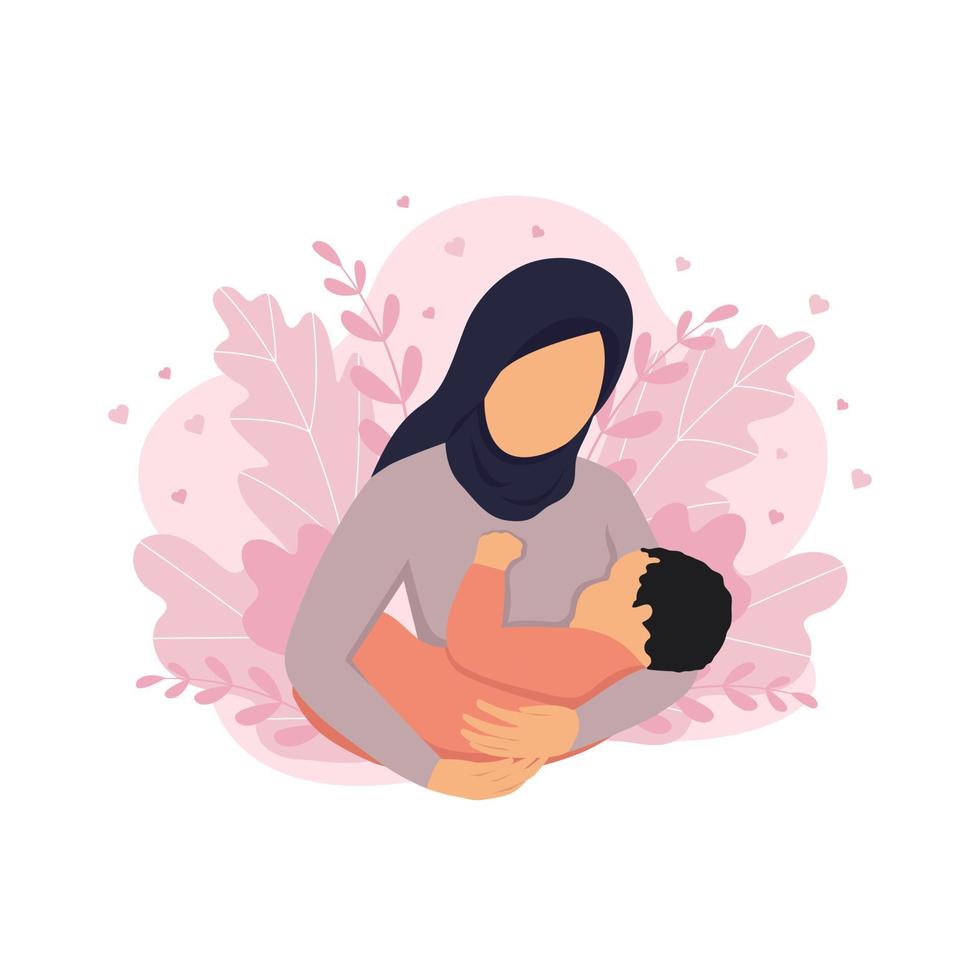 ilustración de amamantamiento, un madre en un hijab amamanta su bebé en contra el antecedentes de naturaleza y hojas. conceptual vector ilustración en dibujos animados estilo. mundo amamantamiento semana.