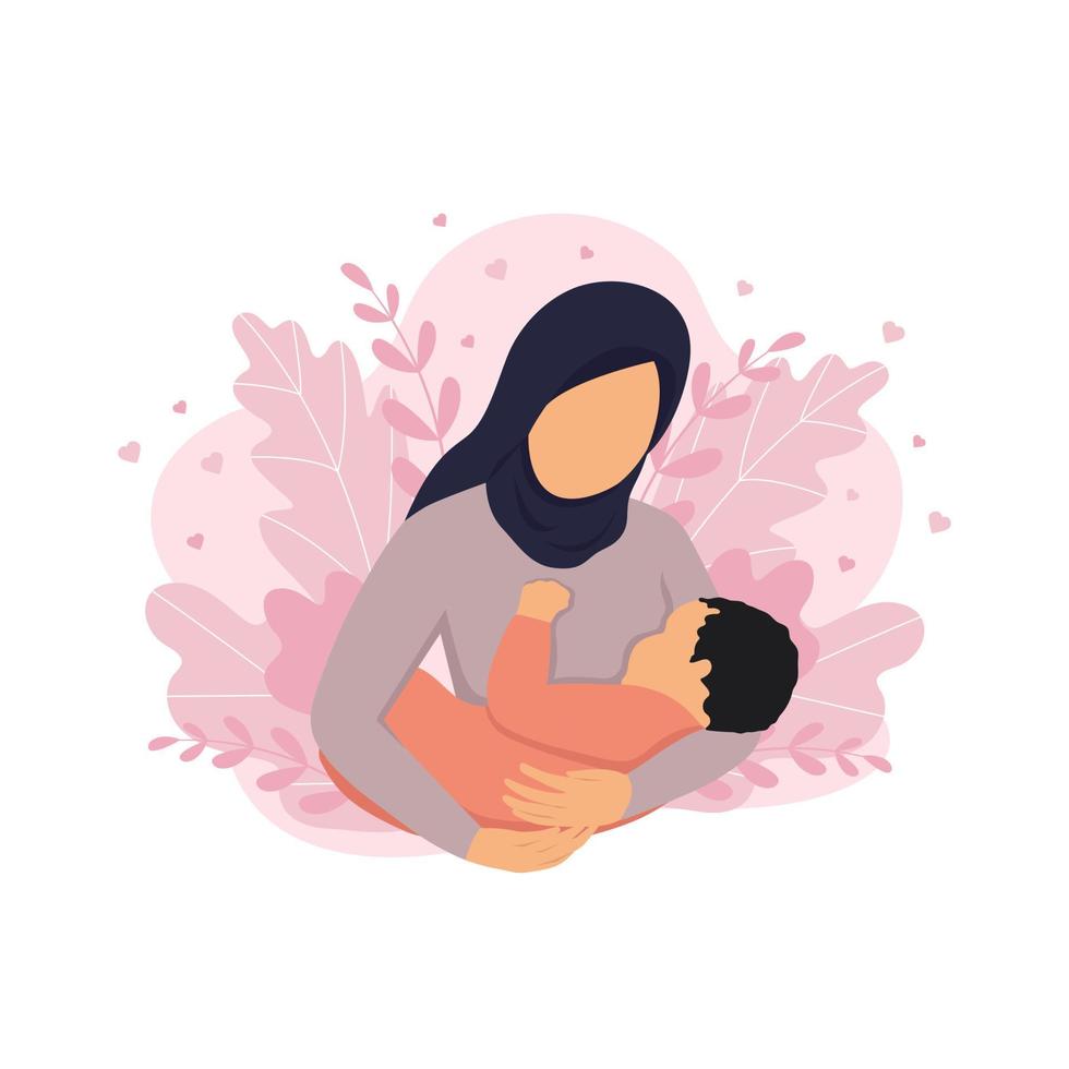Illustration of breastfeeding, a mother in a hijab breast-feeds her baby against the background of nature and leaves. Conceptual vector illustration in cartoon style. World Breastfeeding Week.