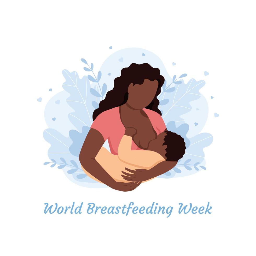 Black woman breastfeeding a baby with nature and leaves background. Concept vector illustration in flat style. World Breastfeeding Week