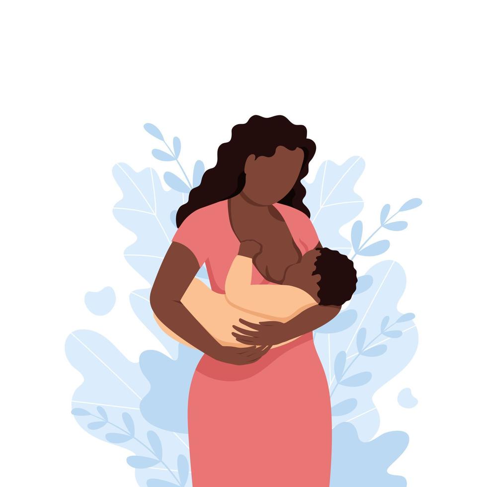 negro mujer amamantamiento un bebé con naturaleza y hojas antecedentes. concepto vector ilustración en plano estilo.
