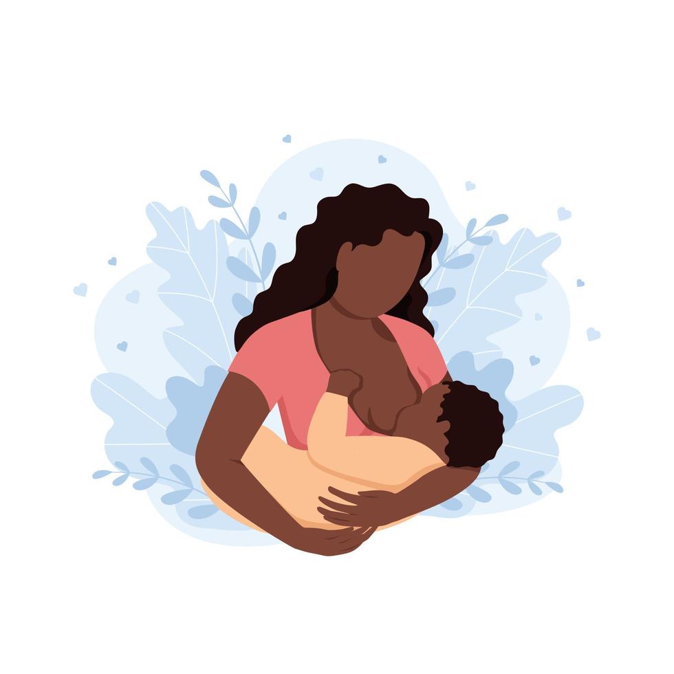 negro mujer amamantamiento un bebé con naturaleza y hojas antecedentes. concepto vector ilustración en plano estilo. mundo amamantamiento semana