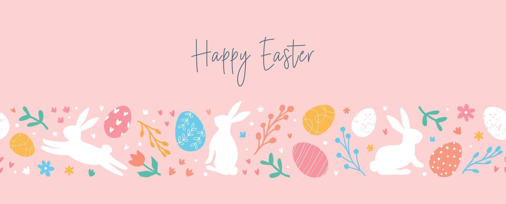 Happy Easter. Lovely Easter horizontal banner with pattern by eggs, doodles, bunnies, flowers. Easter festive border. Suitable for textiles, greeting cards, wallpaper, wrapping paper. vector