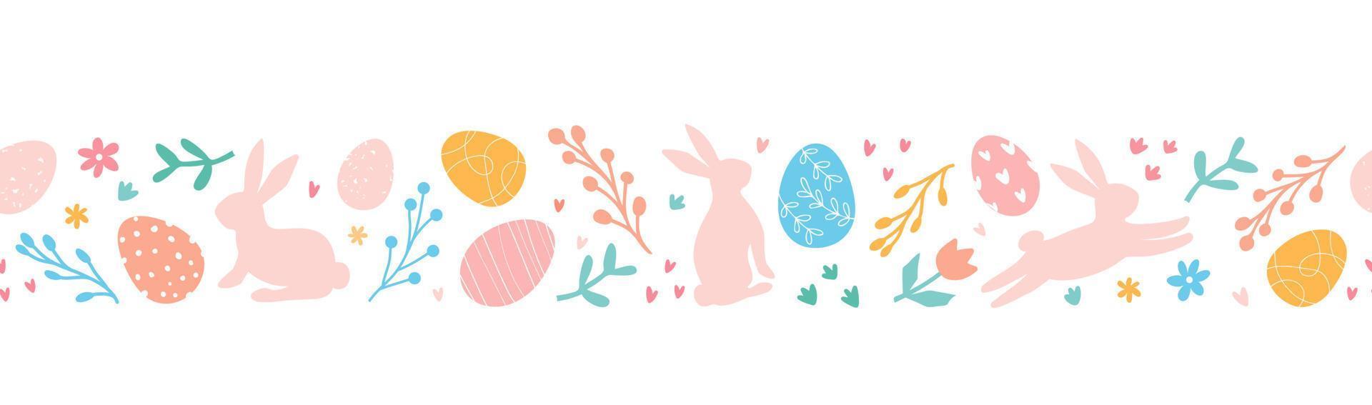 Lovely hand drawn Easter horizontal seamless pattern with doodle eggs, bunnies, flowers. Easter festive border. Suitable for textiles, banners, wallpaper, wrapping paper. vector