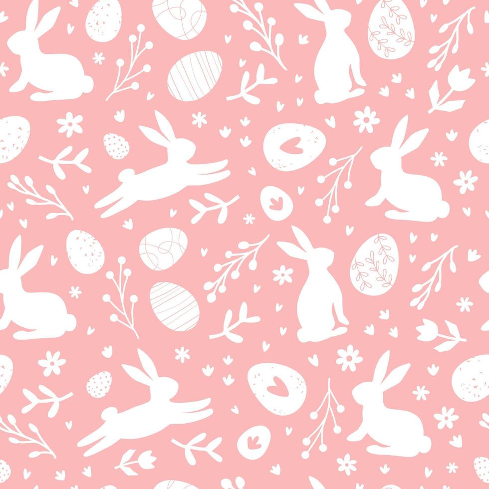 Cute hand drawn Easter seamless pattern with bunnies, flowers, easter eggs, beautiful pink background. Suitable for Easter cards, banner, textiles, wallpapers. Vector illustration.