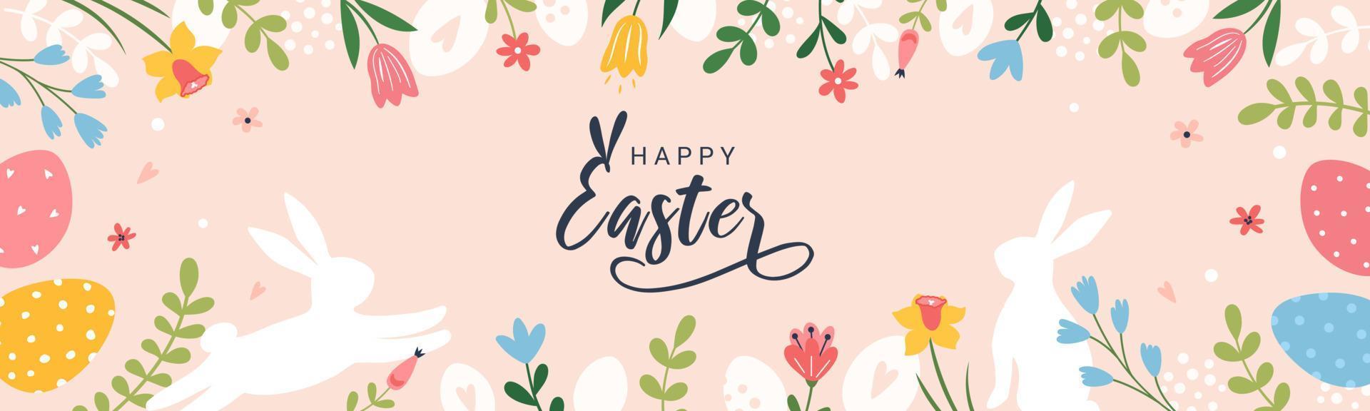 Happy Easter. Horizontal banner, greeting card, poster, holiday cover. Modern beautiful design with typography, flowers, easter eggs, branches. Vector festive banner.