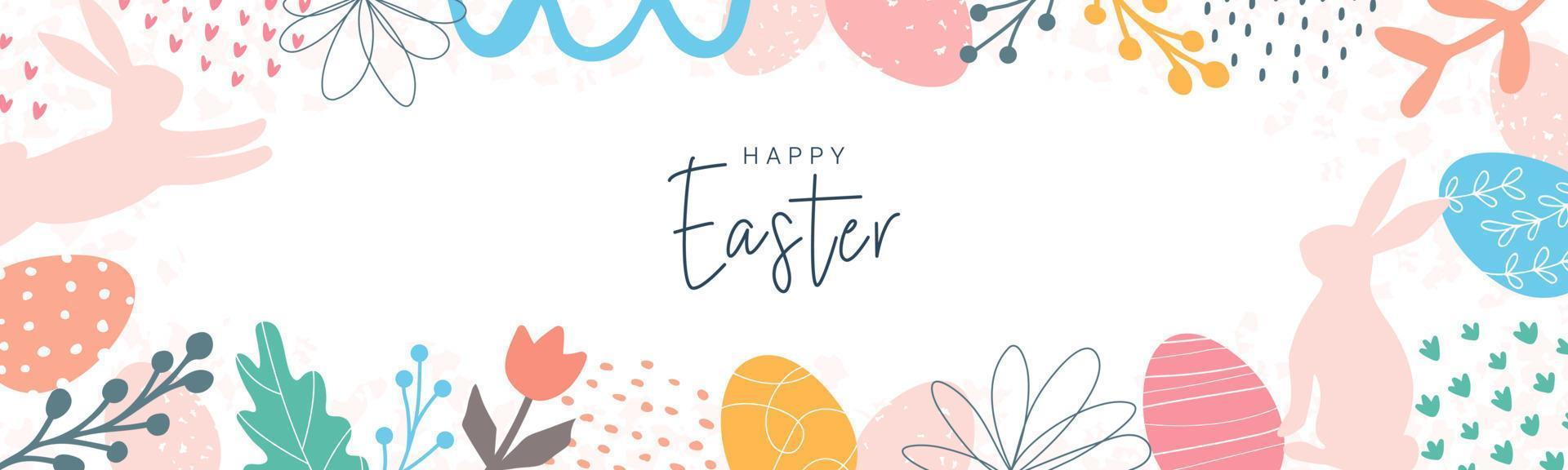Happy Easter. Horizontal banner, greeting card, poster, holiday cover. Modern abstract design with typography, doodles, eggs and bunny, organic nature shapes. Trendy minimalist style. vector